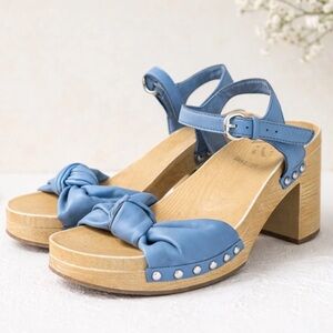 Sam & Libby Cassia Wood Heel Sandals Women 9 Blue Ankle Strap Vtg Y2k Bow